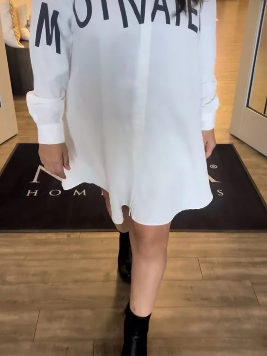 SHEIN White Long Sleeve Shirt Dress with Black 'MOTIVATED' Print - Picture 2 of 2